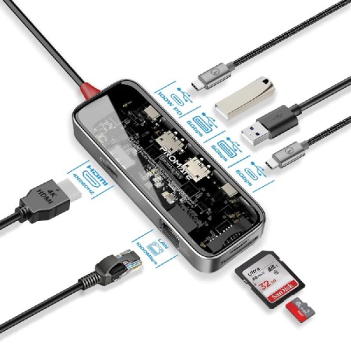 Promate 8-in-1 Transparent Ultra-Fast Multiport USB-C Hub TransHub-Mini
