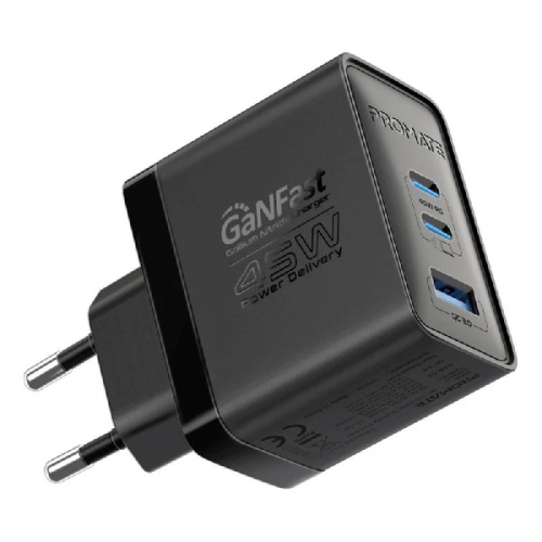 Promate Adapter 45W Power Delivery GaNFast. 2 x 45W USB-C/USB-A. QC 3.0 Black.EU