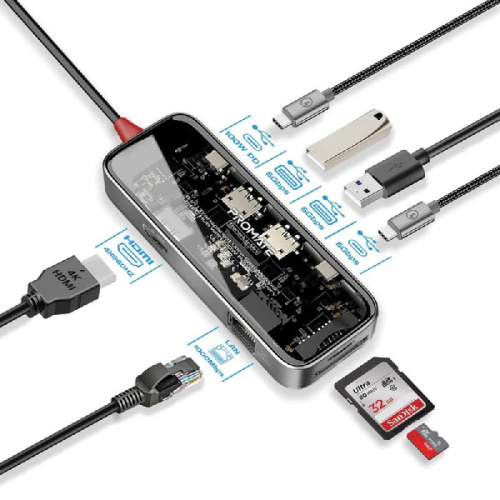 Promate 8-in-1 Transparent Ultra-Fast Multiport USB-C Hub TransHub-Mini