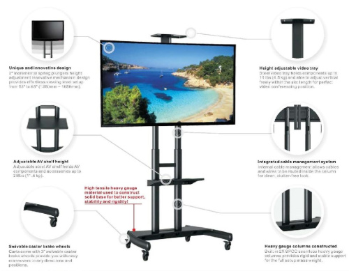 Floor Wheels Stand Height Adjustable 55"~90", Max. Load 90.90Kg With Metal Shelf and Adjustable Came